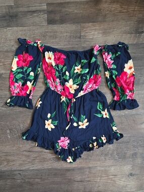Fashion Nova ☆ Navy Floral Off-Shoulder Romper Tropical Pink & Cream Blooms